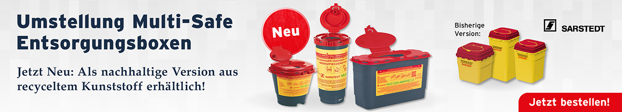 Umgestellte Entsorgungsboxen auf nachhaltiges Material zum gleichen Preis, sarstedt, kanuelensammler, abwurfbehaelter, sarstedt, recycel