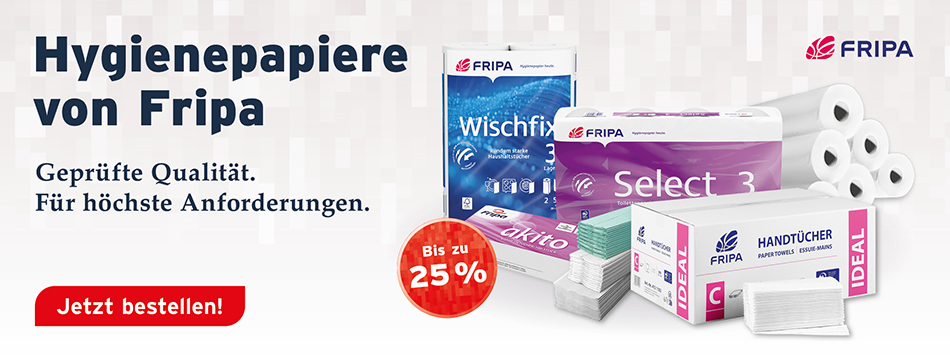 fripa papierhandtuecher ideal, aerzterollen classic line, wischfix, toilettenpapier fripa select