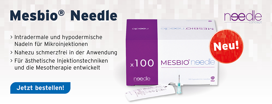 Mesbio Needle, needle concept, intradermale und hypodermische Nadeln für Mikroinjektionen, nahezu schmerzfrei in der Anwendung, für aesthetische Injektionstechniken und die Mesotherapie entwickelt, in verschiedenen Groeßen und Laengen erhaeltlich