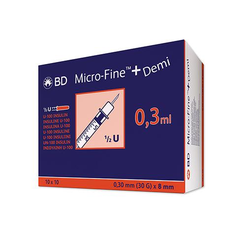 Micro-Fine Insulinspritze, mit Kanüle 0,3 x 8 mm, für U-100, 100 Stück Packung
